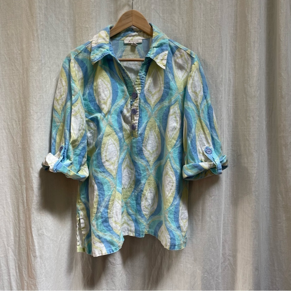 JM collection Linen Popover Tunic Blue Swirl size 18